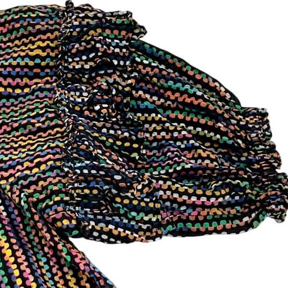 Ramy Brook Eugenia Ruffle Sleeve Top Large Rainbow Dot Stripe Split Neck Peasant - Picture 11 of 12